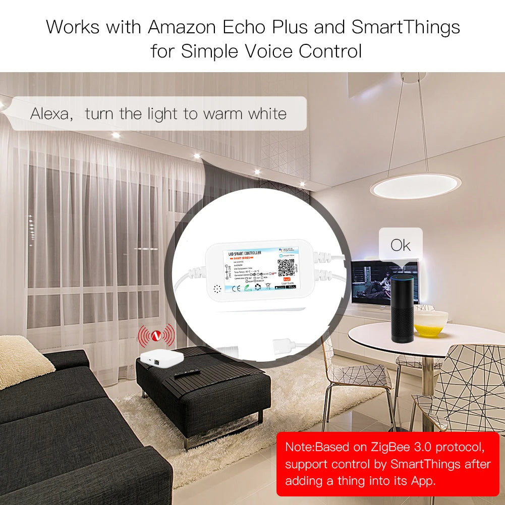 وحدة تحكم ذكية Zigbee 3.0 LED DC12V 24V 5050 3528 RGB/RGBWW/RGBCCT/COB شريط إضاءة LED باهت لـ 2MQTT/Tuya/Alexa/Google