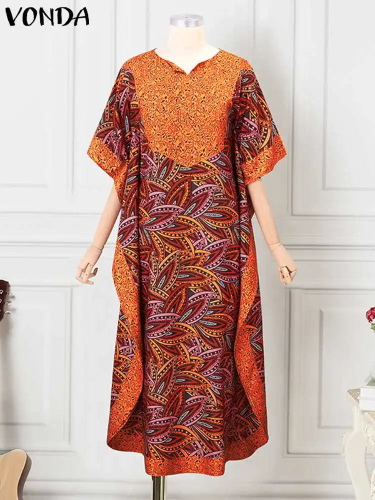 VONDA Plus Size 5XL Bohemian Women Printed Long Sundress Half Sleeve Casual Loose Maxi Dress Oversized Kaftan Holiday Vestidos