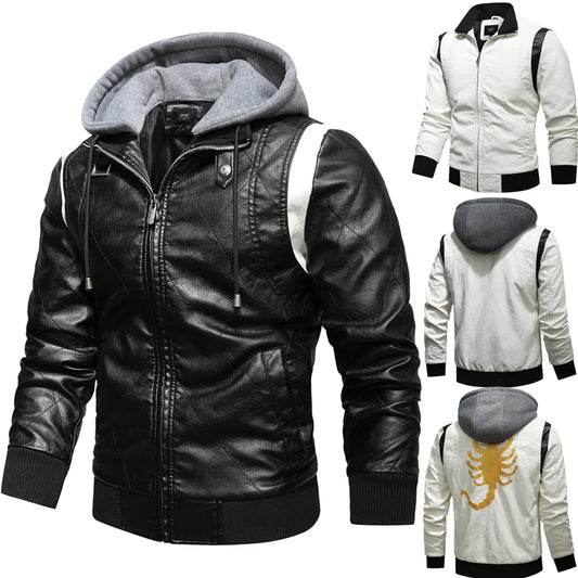 Autumn Winter Bomber Leather Jacket Men Scorpion Embroidery Hooded Jacket PU Leather Motorcycle Mens Ryan Gosling Drive Jacket