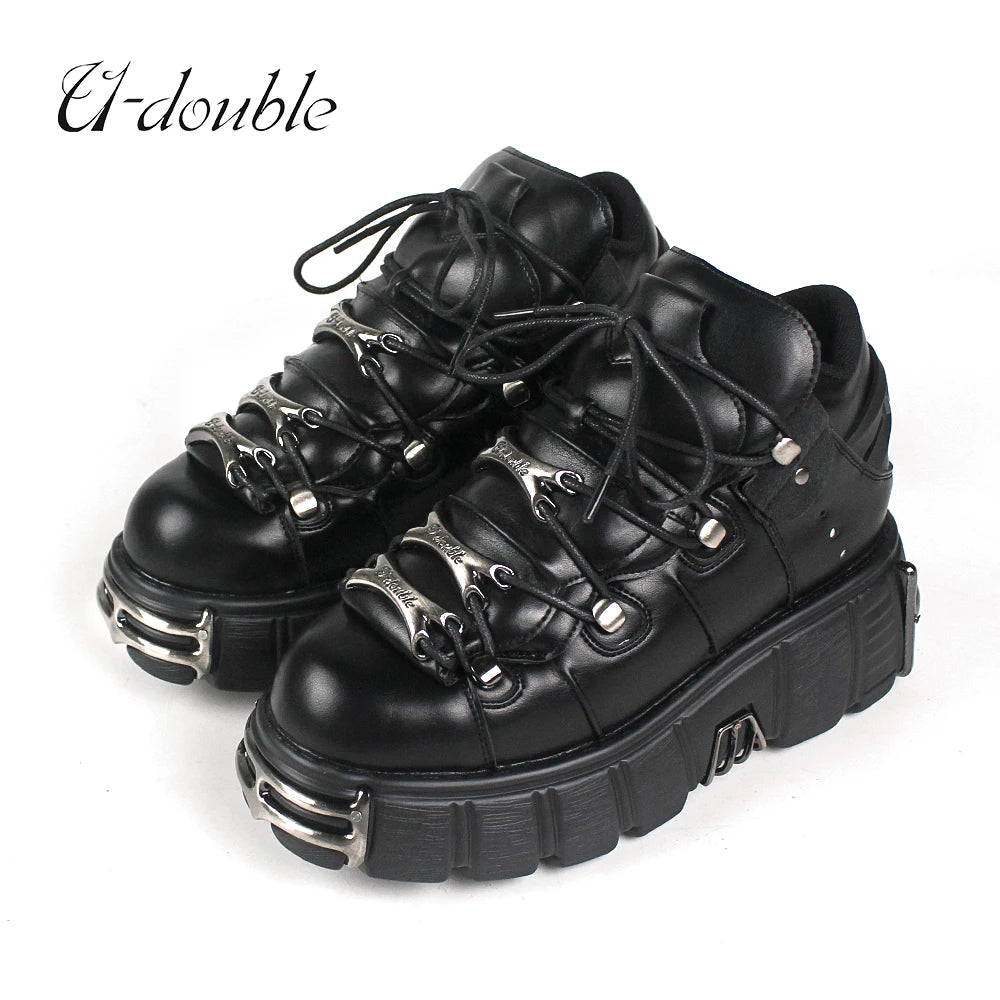 2023 NEW Punk Style Women Shoes Lace-up heel height 6CM Platform Shoes Woman Gothic Ankle Rock Boots Metal Decor Woman Sneakers