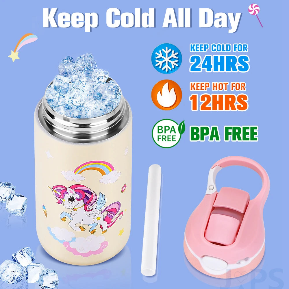 400ML Kids Water Bottle Cartoon Animal Children's Cup With Straw Stainless Steel Vacuum Flacks Thermos Bottle Thermal Mug Cups