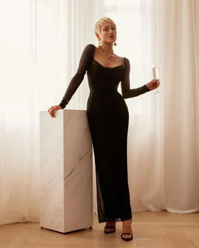 Mingmingxi Winter Black Formal Occasion Dresses Elegant and Beautiful Long Sleeve Bodycon Party Evening Dresses Long Vestidos