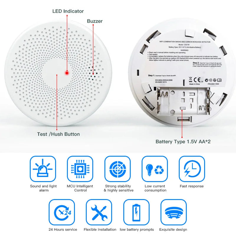 2 in 1 Version WiFi Tuya Smart Co & Smoke Detector Alarm Carbon Monoxide Parlor Room Kitchen Shop Fire PIR Sound Sensor Alert