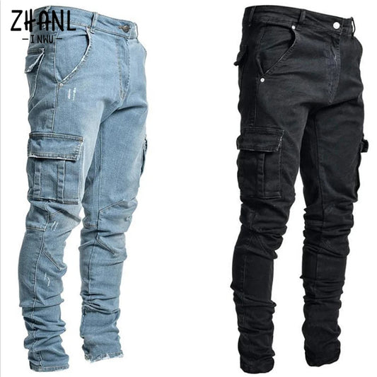 Jeans Men Pants Wash Solid Color Multi Pockets Denim Mid Waist Cargo Jeans Plus Size Fahsion Casual Trousers Male Daily Wear