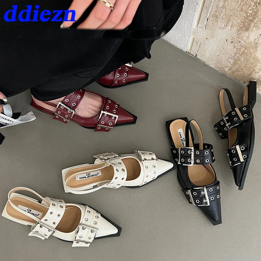 Women Flat With Shoes 2024 Designer Luxury Buckle Fashion Ladies Flats Shoes Slingback Pointed Toe Casual Female Sandals Mules