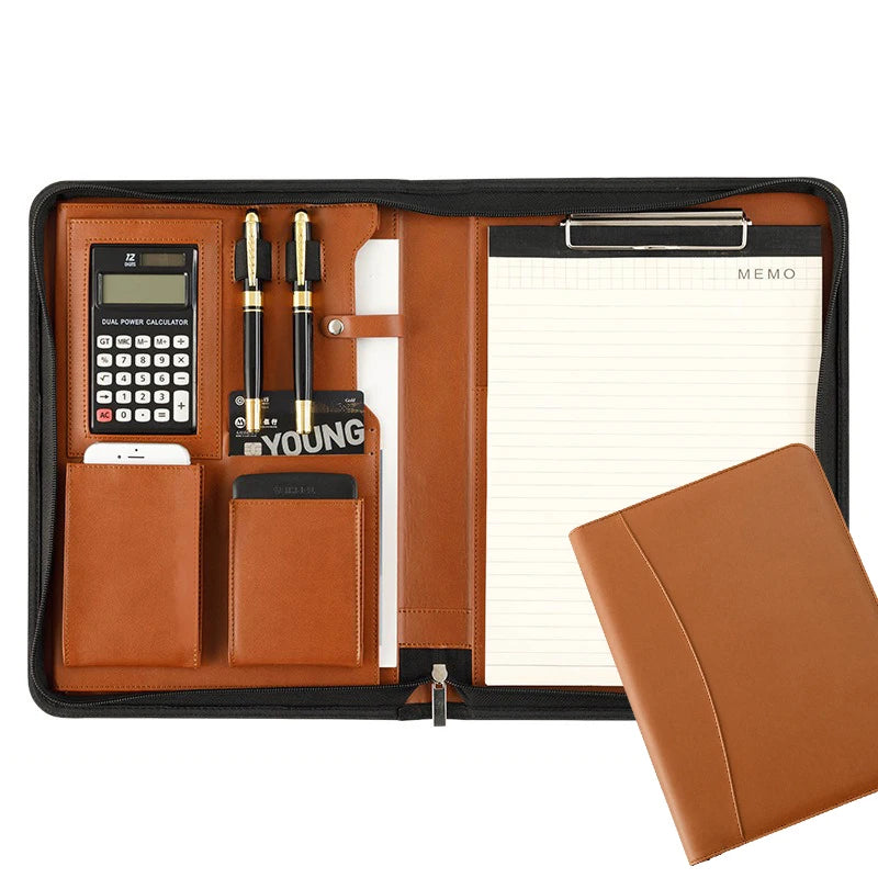 University A4 Leather Portfolio Folder for Document Holder Desk Organizer Man Executive Briefcase Zippered Calculator for Office