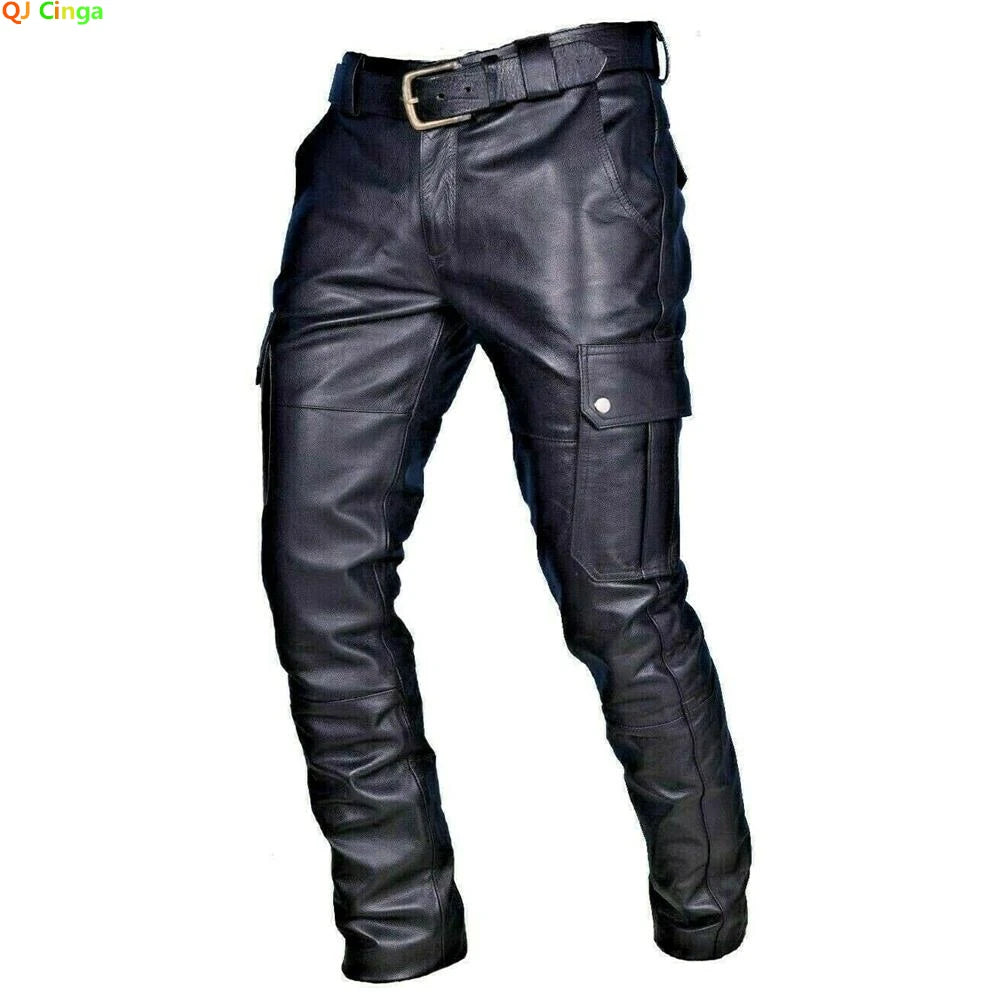 Men's Leather Motorcycle Pants with Cargo Pockets, Black, PU Pants  No Belt, Men Trousers Big Size S-5XL