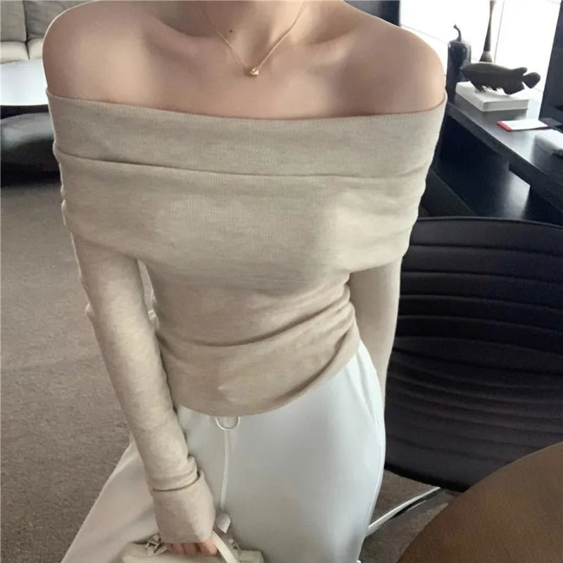 Slash Neck Pullovers Women Short Knitted Thin Slim Defined Waist Basic All-match Sexy Elegant Off Shoulder Autumn Winter Female