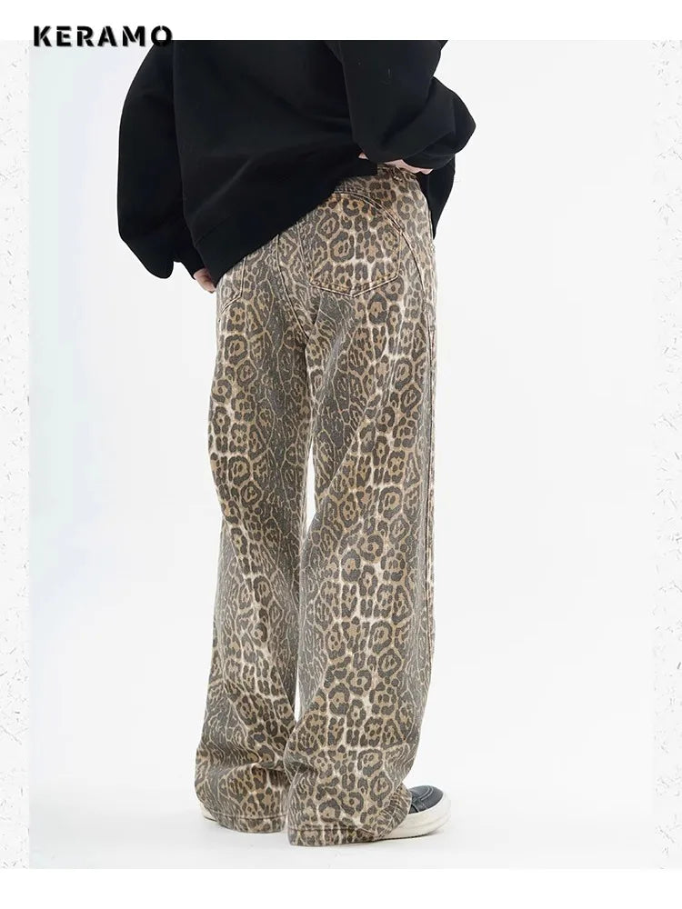 Vintage Leopard Print Jeans Women Spring Oversize Casual Hip Pop Wide Leg Trouser Trend High Waist Panther Denim Pants Ladies