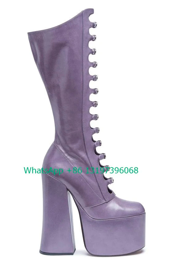 Thick Sole Black Hollow Calf Boots Side Zipper Rough Square Heel Pole Dance Shoes Super Heel Sexy Boots Large Size Footwear