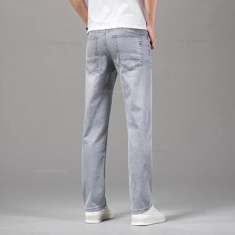 2024 Summer Thin Men's Elastic Cotton Jeans Fashion Gray Comfortable Business Straight Casual Pants High Quality Brand Trousers