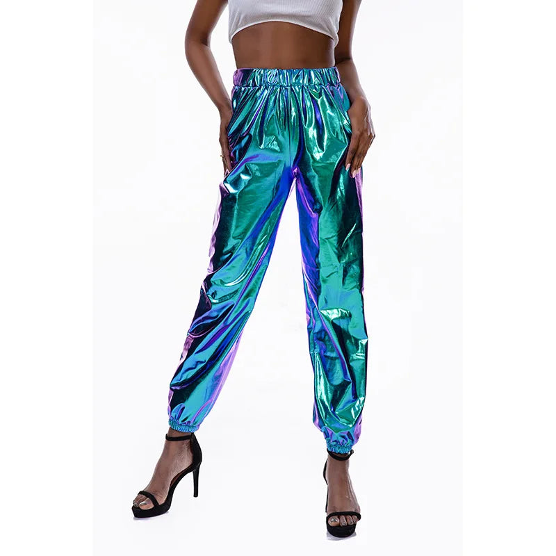 Women Nightclub Pole Dance Trousers Hip Hop Slacks Dj Costume Street Dance Stage Wear Party Holographic Pants Cheerleading Loose