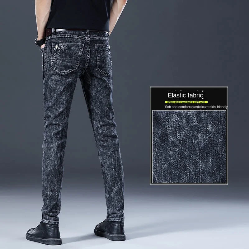 Autumn Winter Brushed Cowboy Luxury Slim Designer Clothes Male Korean Style Denim Skinny Plush Grey Jean Pants Trousers for Men