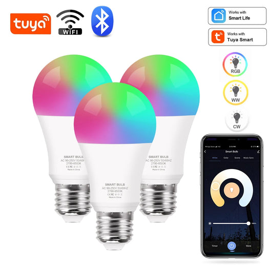 مصباح Tuya الذكي المزود بخاصية WiFi/Bluetooth ومصباح Alexa LED E27 RGB ومصابيح ذكية بقدرة 110 فولت و220 فولت ومصابيح ذكية لمساعد Google Smart Life