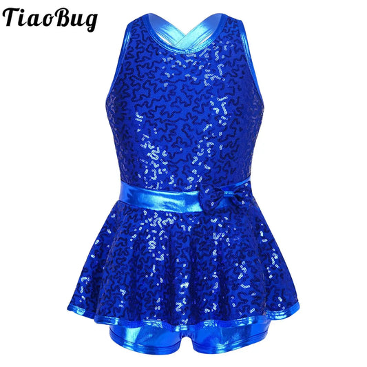 Shiny Sequins Shorty Unitard Dress for Kid Girl Modern Tap Jazz Latin Dance Leotard Dress Cute Bowknot Stage Performance Costume