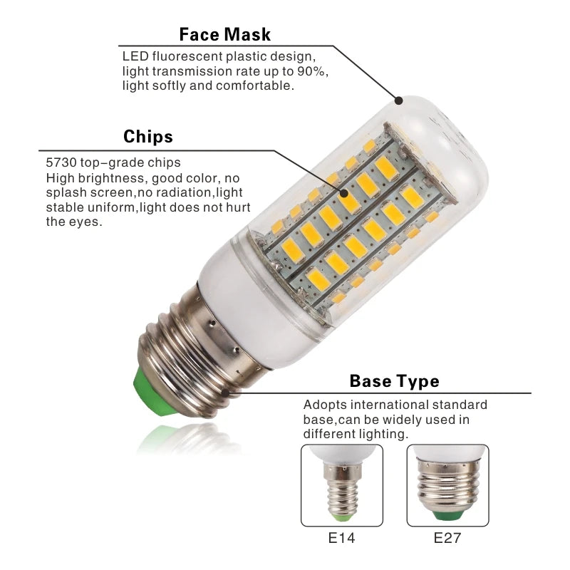 لمبة ذرة LED E27 E14 24 36 48 56 69 72 LED SMD 5730 220 فولت Lampada LED Lamp Chandelier Candle Light LED Bombilla