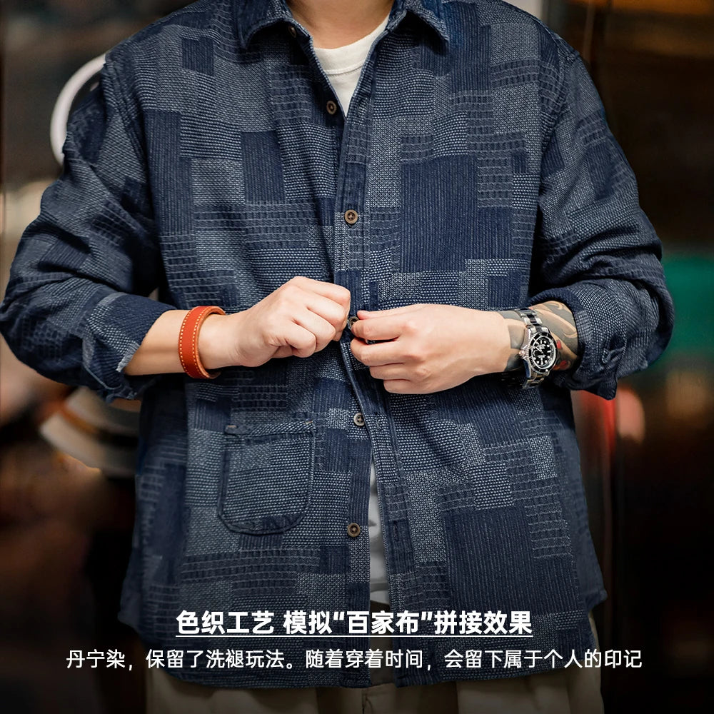 Maden Japanese Retro Boro Denim Shirts for Men Jacquard Patchwork Long-Sleeve Button Down Shirt Jacket Oversize Spring Outerwear