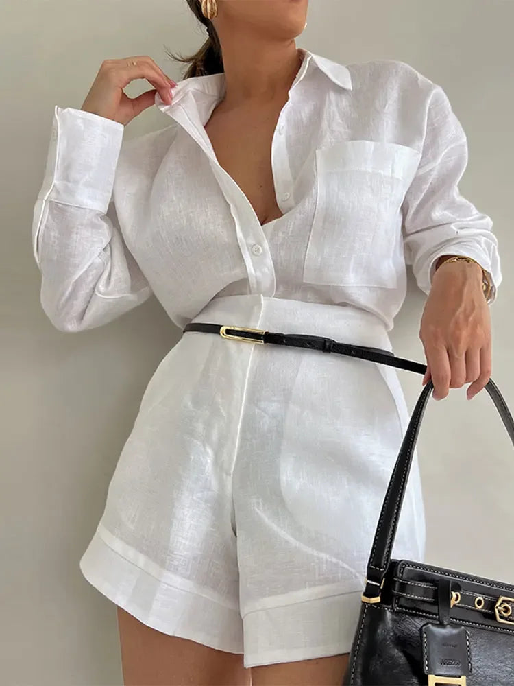 Fashion Button Pockets Short Pant Women's Sets Elegant Lapel Long Sleeves 2 Pieces Outfit 2024 Vacation New In Matching Sets