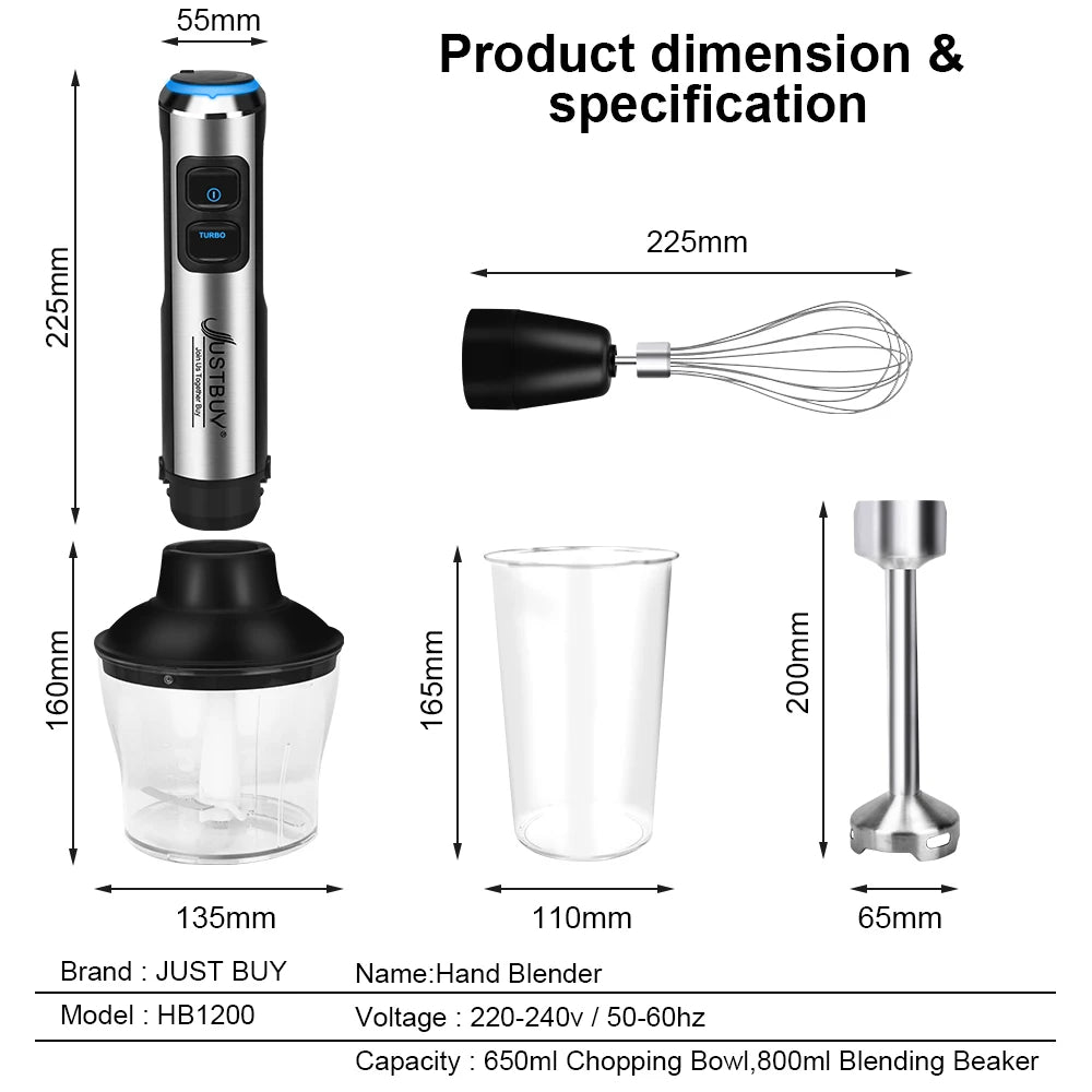 Led Light Baby Food Processor 1500W 6/4 in 1 Electric Stick Hand Commercial Blender Egg Whisk Mixer Juicer Meat Grinder