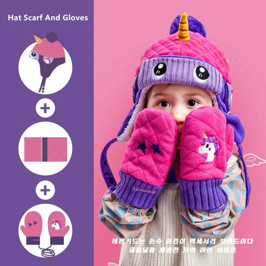 Dinosaur Unicorn Style Kids Skiing Caps & Scarfs Baby Winter Hats Children Warm Gloves For Boys Girls Suit Hat Scarf And Gloves