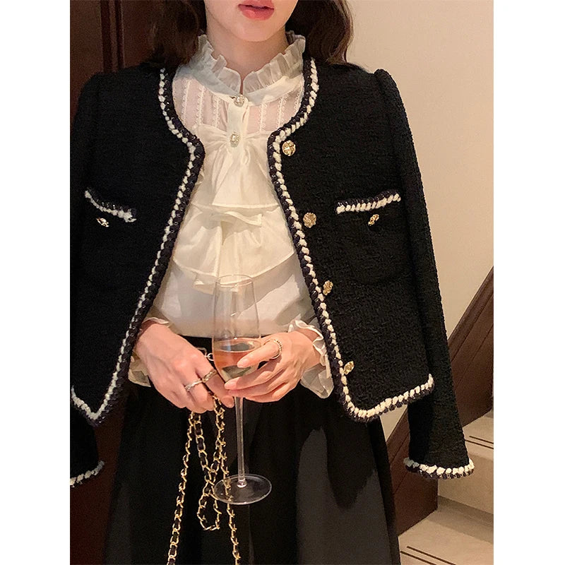 MEXZT Vintage Jackets Women Black Tweed Cropped Coat Korean Elegant Thicken Single Breasted Blazer Casual Short Outerwear Tops