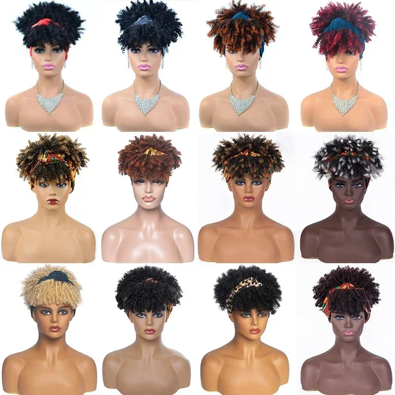 Short Kinky Curly Headband Wigs  Afro Puff Curly Headband Wig For Women Natural Synthetic Turban Wrap Wig  Cosplay Daily Use