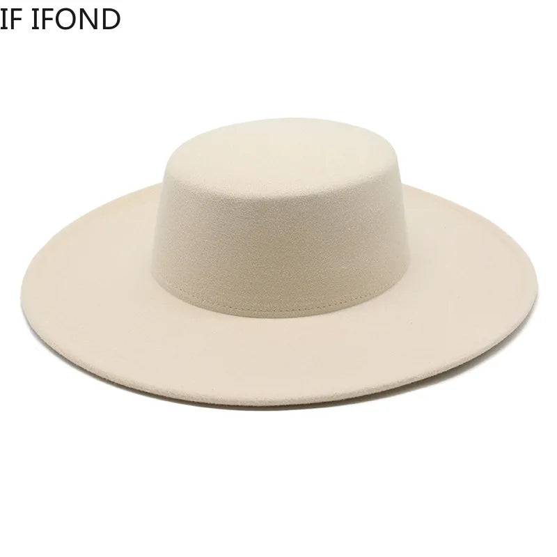 French Women's Hat Big Wide Brim 10CM Fedora Hat Winter Wool Derby Wedding Jazz Hats Flat Top Felt Hat