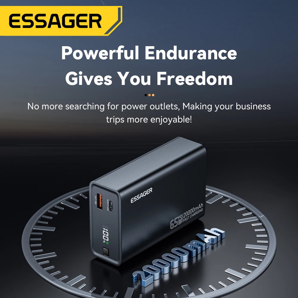 Essager Power Bank 20000mAh Портативный PD 65W Быстрая зарядка мобильного телефона Внешний аккумулятор Powerbank для телефона ноутбука планшета Mac