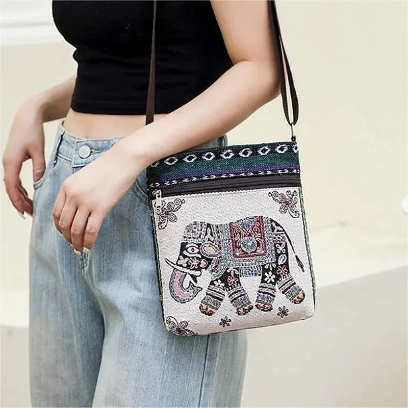 Women Small Canvas Embroidered Phone Shoulder Bag Retro Ethnic Style Travel Outdoor Messenger Crossbody Bag