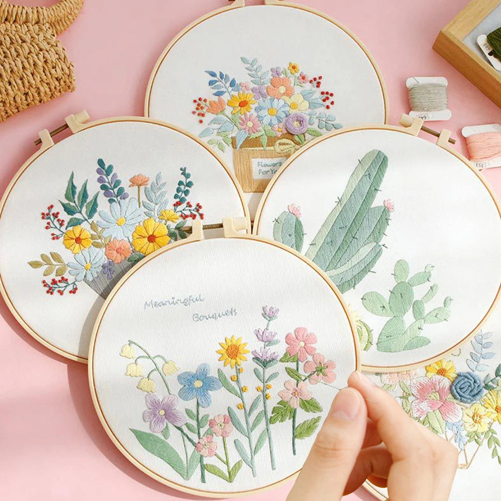 Flower Embroidery Starter Kit DIY Cross Stitch Set for Beginner Plant Printed Sewing Art Craft Painting Home Decor Needle Art