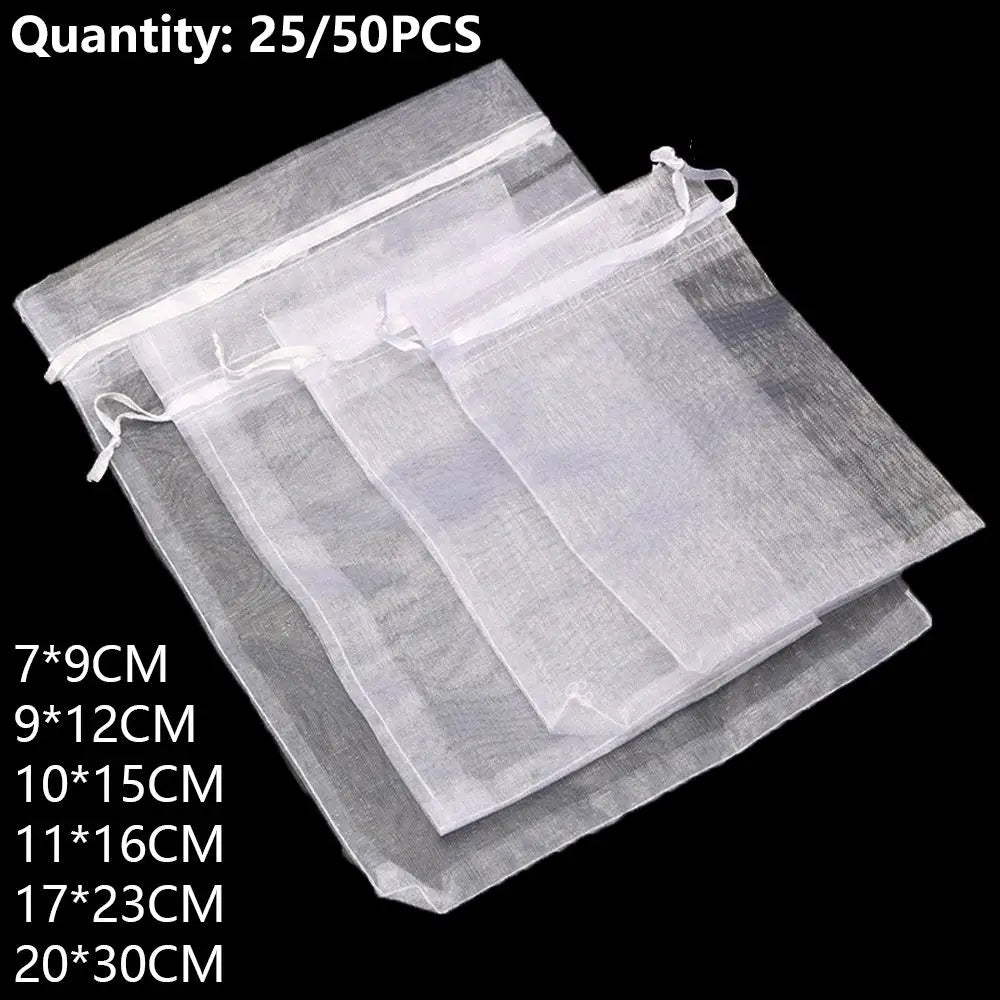 25PCS Drawable Party Supply Christmas Favor Jewelry Packing White Pouches Drawstring Pocket Organza Gauze Sachet Gift Bags