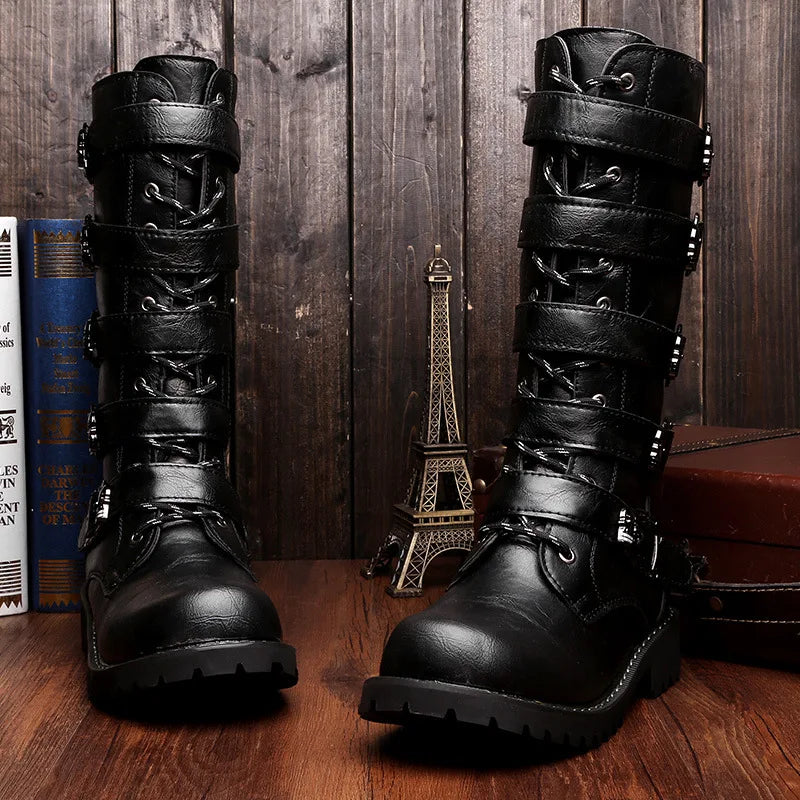 New Men's Leather Motorcycle Boots Military Boots Gothic Belt Punk Boots Men's Shoes Outdoor Tactical Military Boots