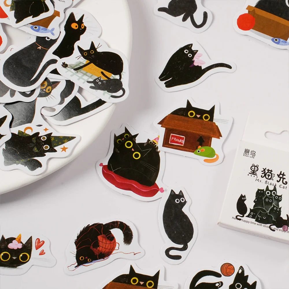 Mr. Paper 46pcs/Box Kawaii Black Cat Stickers Items Decoration DIY Handbook Stickers Boxed Cute Stickers Korean Stationery