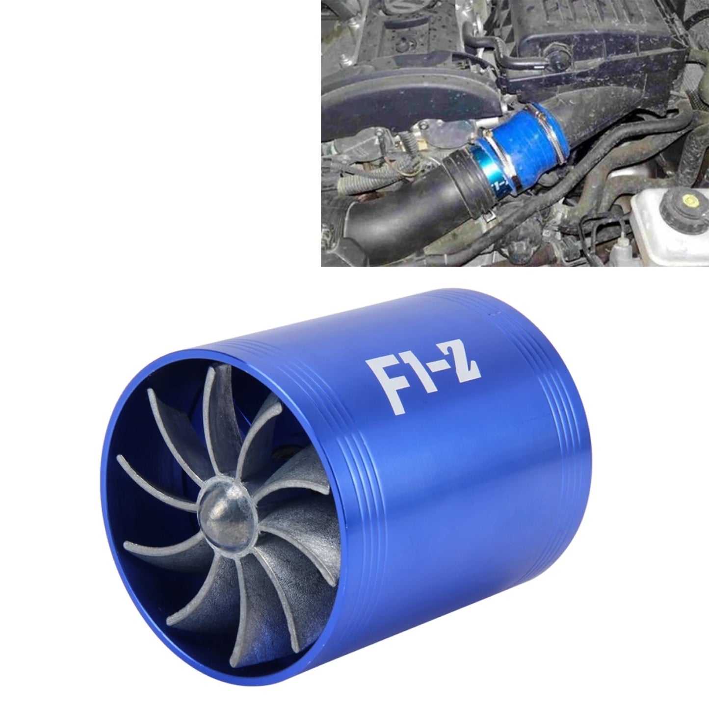 F1-Z Car Stainless Supercharger Dual Double Turbine Air Intake Fuel Saver Turbo Turboing Charger Fan Set kit, Size 7.5*6.5*6.5cm