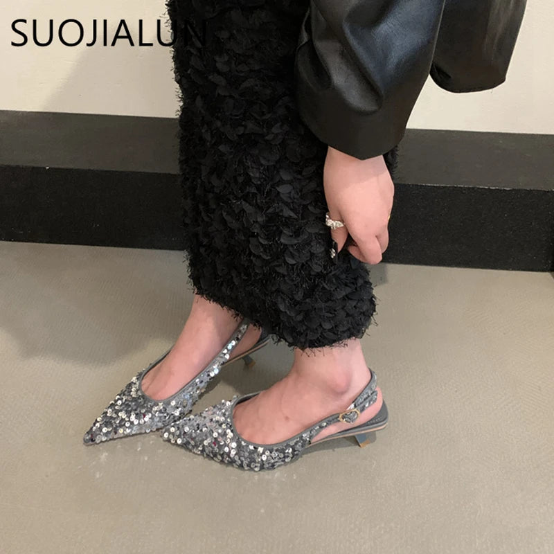 SUOJIALUN 2023 New Bling Women Sandal Fashion Pointed Toe Shallow Slip On Ladies Elegant Slingback Shoes Med Heel Pumps Shoes