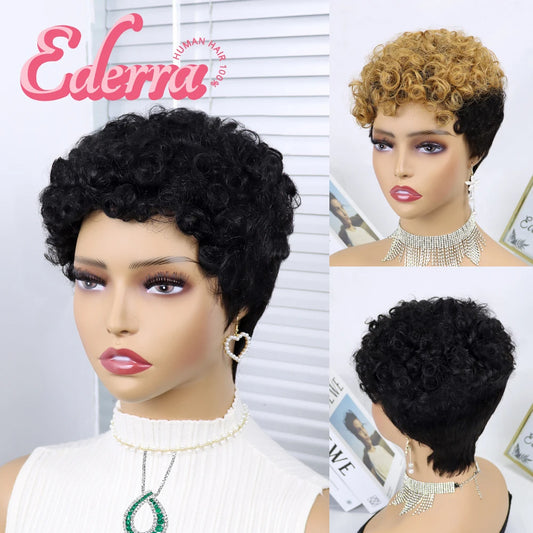 【No Lace】Short Human Hair Wigs Pixie Cut Curly Brazilian Hair for Black Women Machine Made Cheap Glueless Curly African American