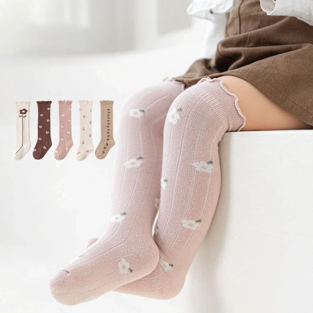 Spring Autumn Winter Korean Flower Striped Knee High Long Socks Warm Thermal Kids Children Girls Socks Baby Toddler Newborn Sock