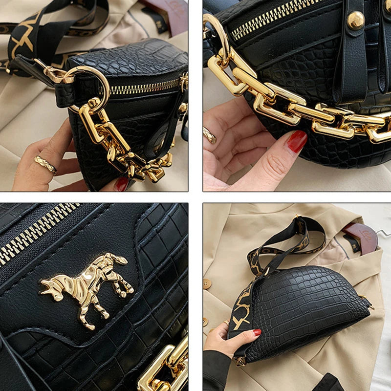 Fashionable Luxury Niche PU Leather Crocodile Pattern Single Chain Zipper WOMEN'S Waist Bag for Commuting