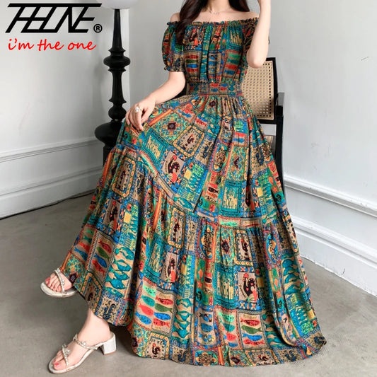 THHONE Vestidos Robe Maxi Длинное платье Женская летняя индийская одежда в богемном стиле из хлопка и льна с цветочным принтом и коротким рукавом в Корейском стиле Повседневная