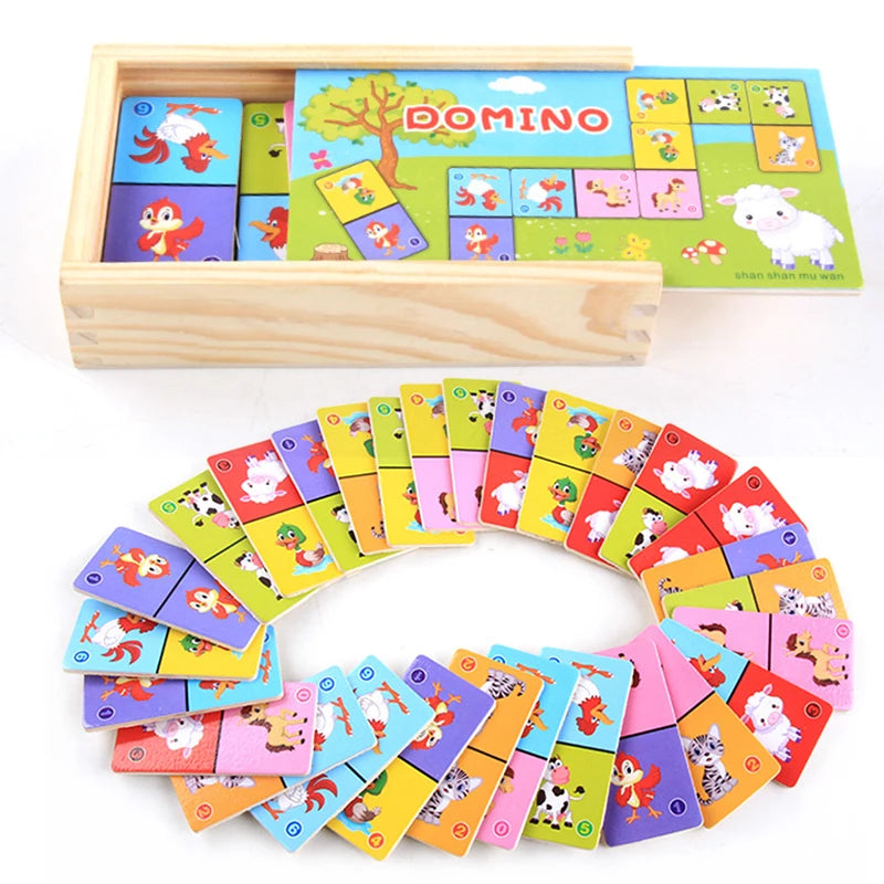 Montessori Wooden Domino Building Blocks Set Early Educational Toys Kids Cognitive Animal Solitaire Dominoes Puzzle Toy Children