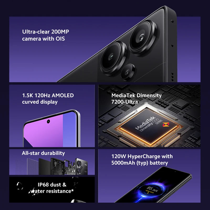 [العرض الأول عالميًا] هاتف Xiaomi Redmi Note 13 Pro Plus 5G الذكي MediaTek Dimensity 7200-Ultra 200MP OIS Camera 120W HyperCharge NFC