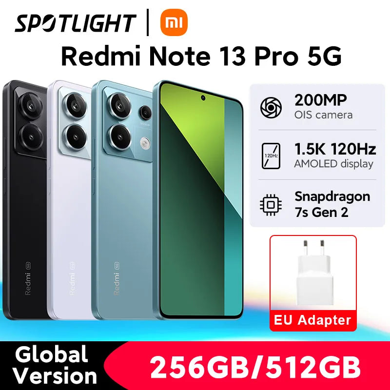 [العرض الأول عالميًا] هاتف Xiaomi Redmi Note 13 Pro 5G الذكي Snapdragon 7s Gen 2 كاميرا 200MP OIS شحن توربو 67 واط 120 هرتز AMOLED NFC