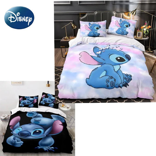 Disney Stitch Cartoon 3D Printed Bed Sheets Three-piece Children's Home Textile Set Quilt Cover Pillowcase