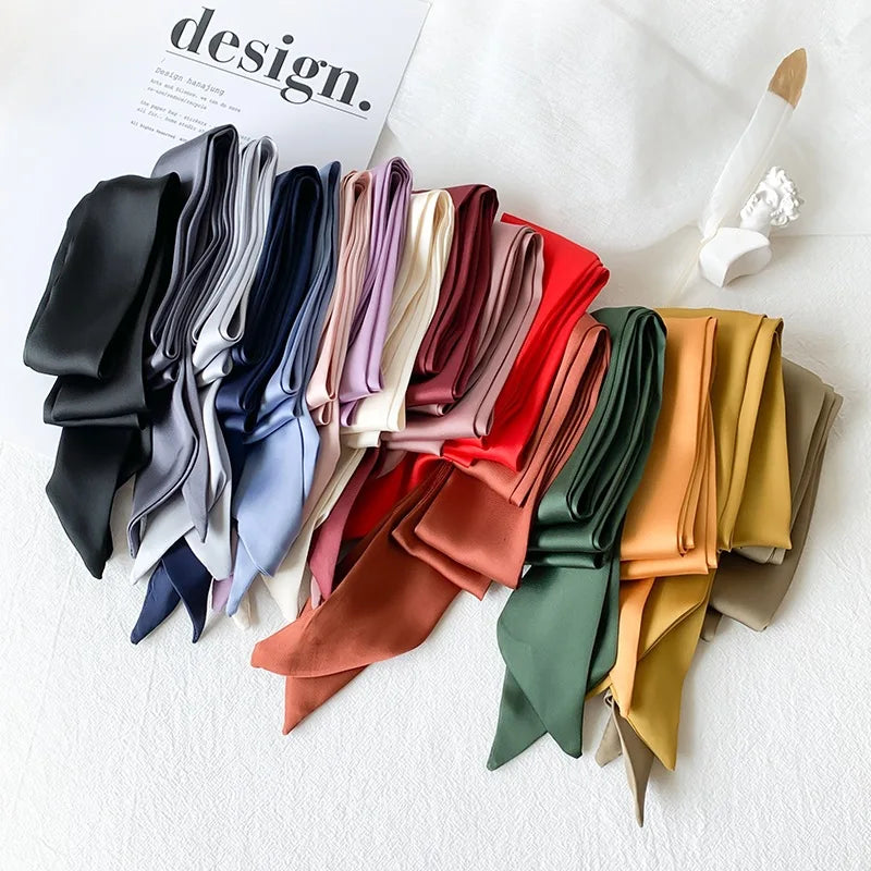 5X190CM Women Narrow Long Scarf  Solid Color Chiffon Silk Rubber Red Tie Black Bag Ribbon Headbands Choker Streamer