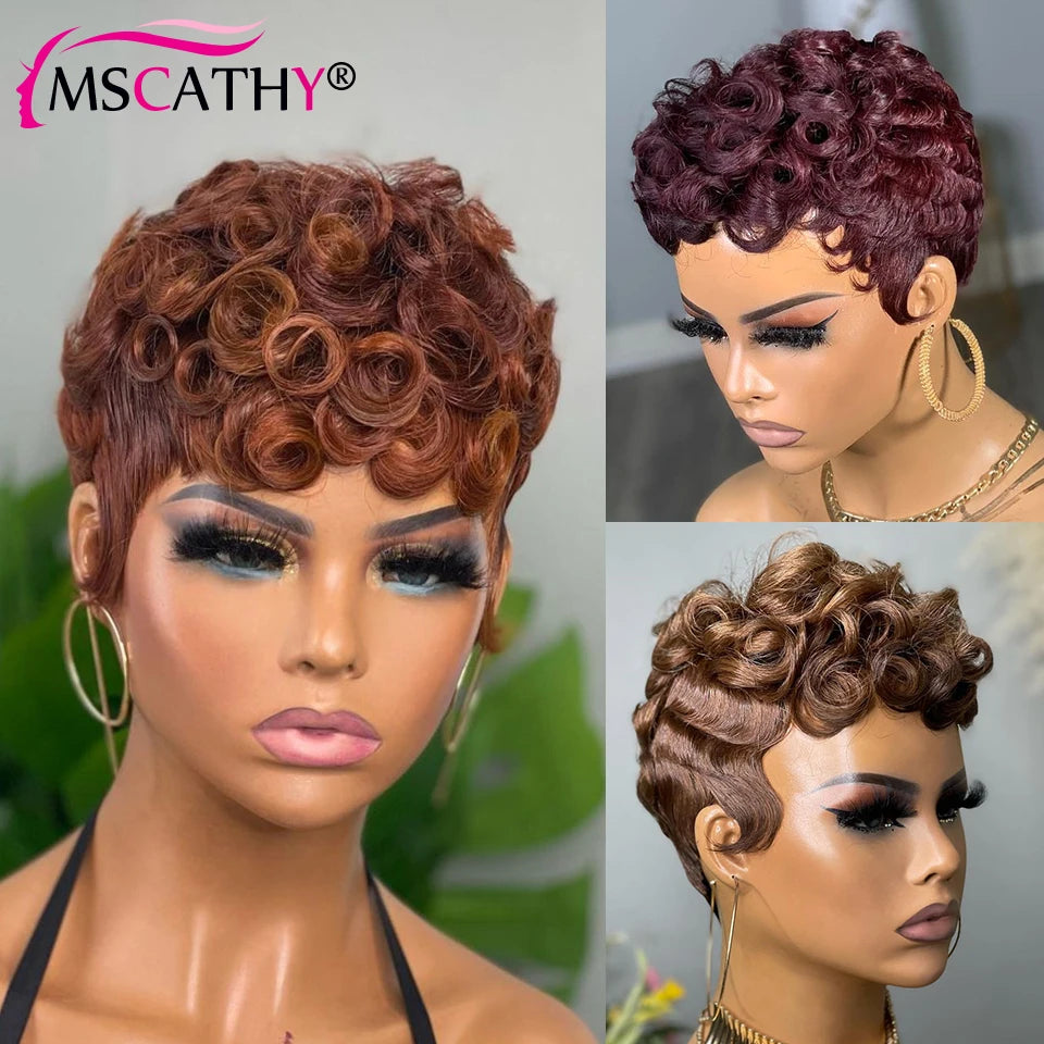 Ginger Pixie Cut Human Hair Wigs For Women Brown Curly Short Bob Full Machine Made Wig 99J Glueless Brazilian Virgin Hair Wigs