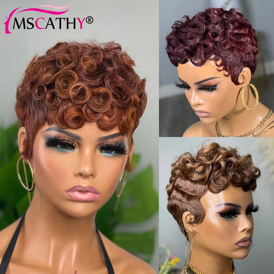 Ginger Pixie Cut Human Hair Wigs For Women Brown Curly Short Bob Full Machine Made Wig 99J Glueless Brazilian Virgin Hair Wigs