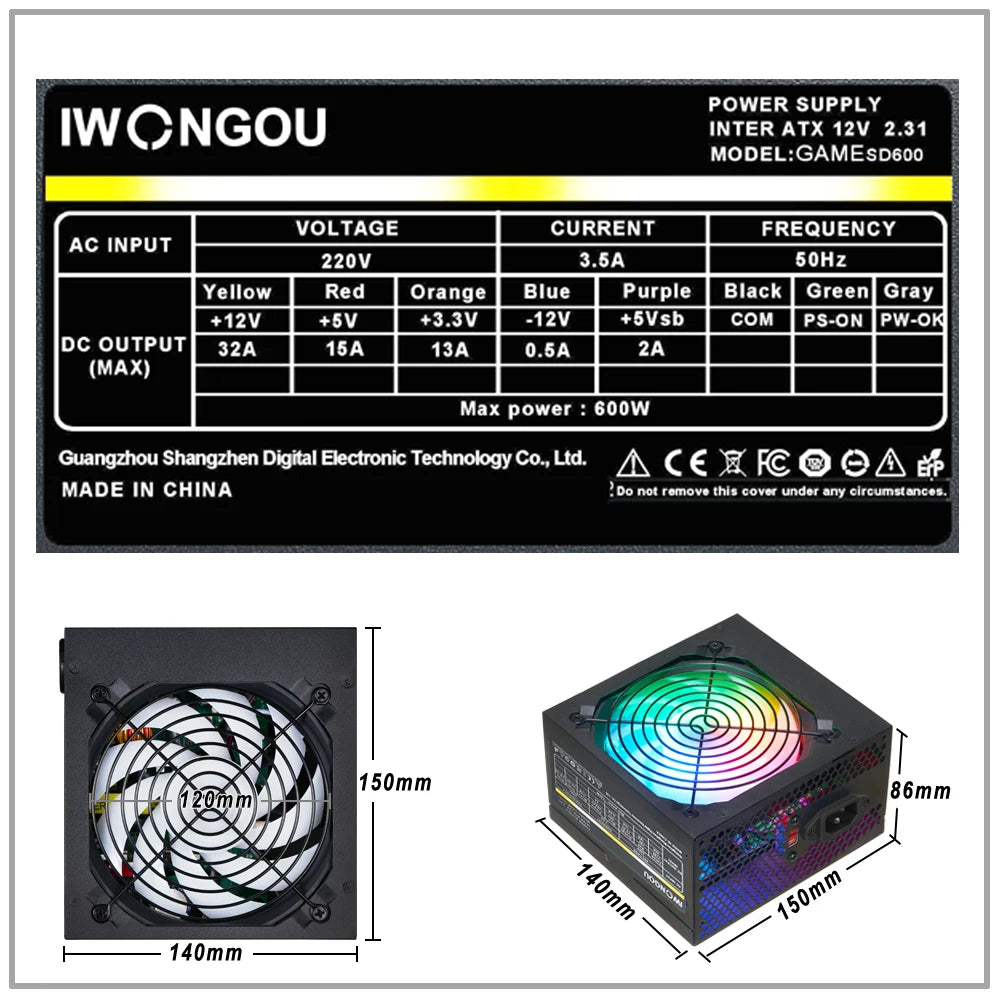 IWONGOU Atx Fonte 400w 24pin 12v  PC Power Supply 500W Max Para Pc Gaming Desktop GAMESD600 Dual Voltage 110/220V PSU Source