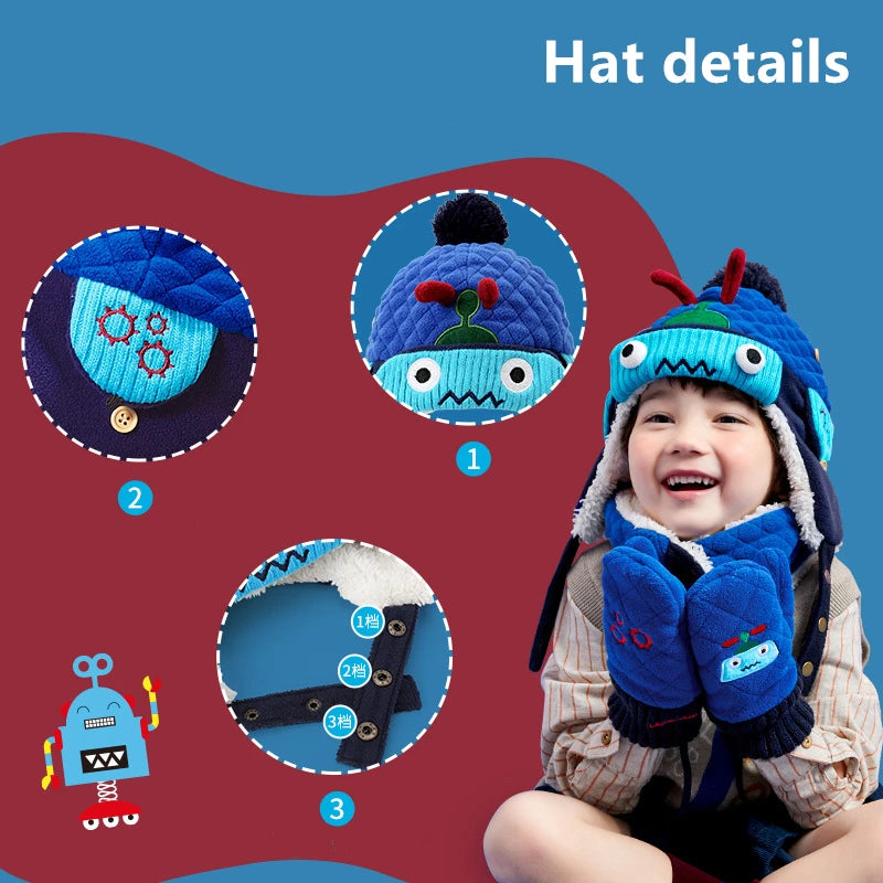 Dinosaur Unicorn Style Kids Skiing Caps & Scarfs Baby Winter Hats Children Warm Gloves For Boys Girls Suit Hat Scarf And Gloves