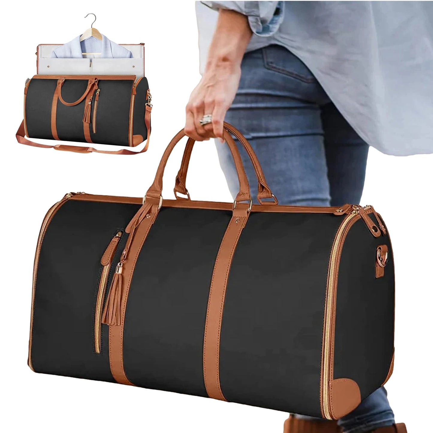 Garment Duffel Bag Foldable Sports Duffle Bag with Shoe Pouch Sports Gym Tote Bag Suitcase Suit Business Travel Bag PU Leather