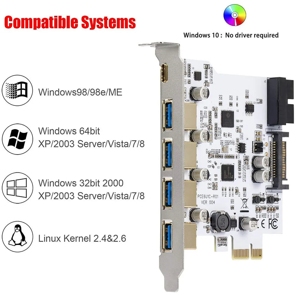 Add On Card USB 3.0 PCI-E Type C Expansion Card PCI Express PCI-E to USB 3.0 Controller 5Port + 1Port USB 3.1 PCI-E Card Adapter